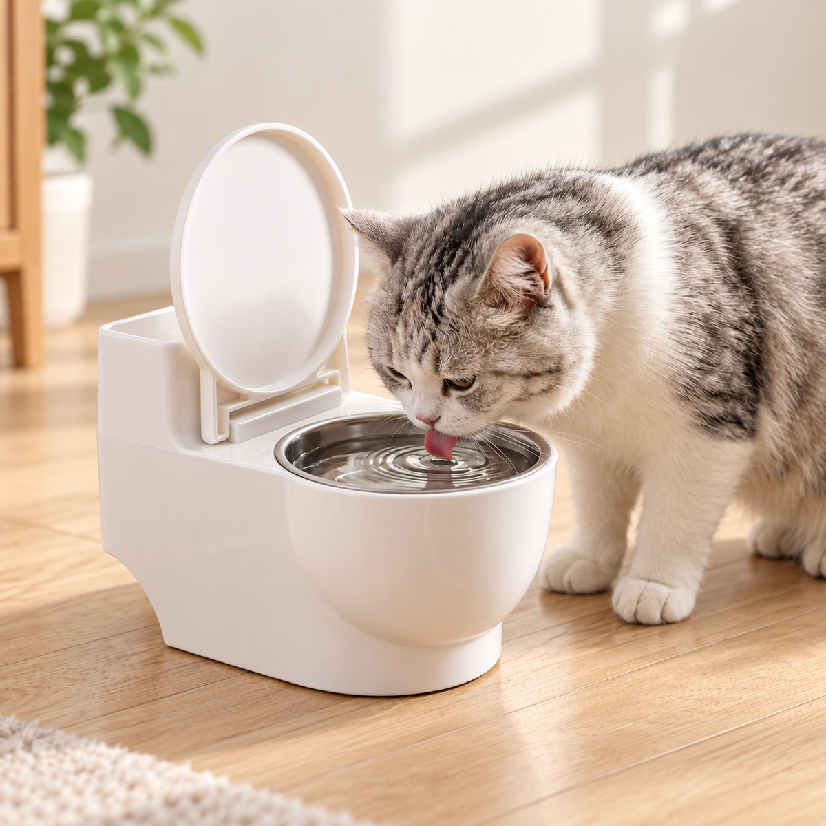 Cat drinking from the toilet-shaped water bowl