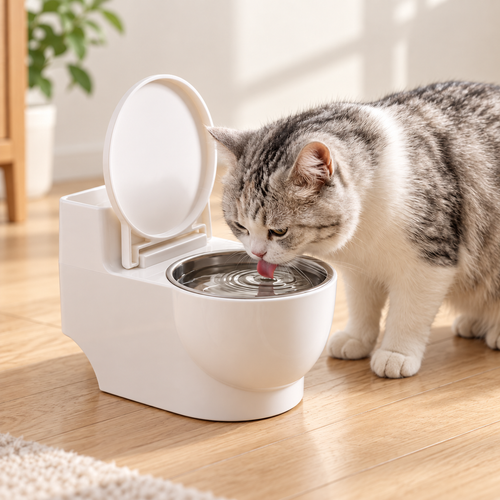 Cat drinking from the toilet-shaped water bowl