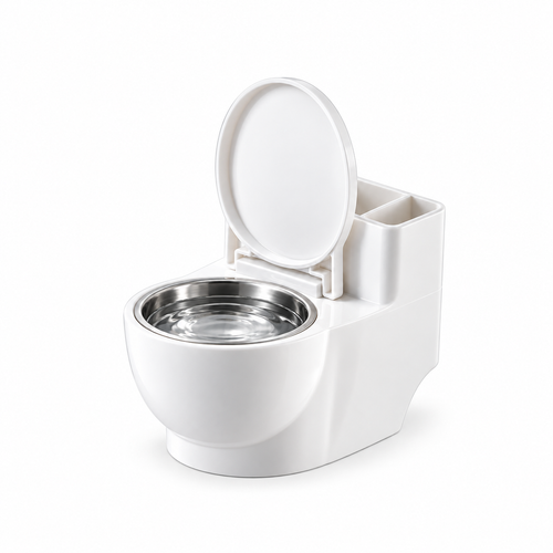 Gold toilet-shaped cat water bowl with removable stainless steel liner