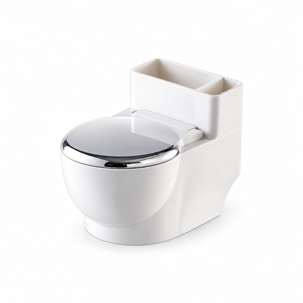 Silver toilet-shaped cat water bowl with lid closed